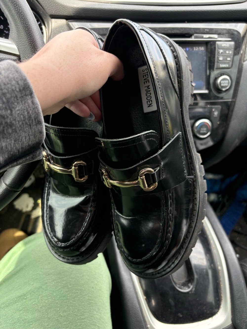 Steve Madden Black Patent Loafers with Gold Bit
